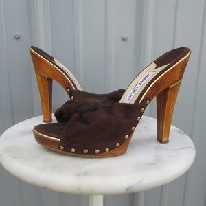 Jimmy Choo Platform Sandals Shoes Size 8 Brown Suede 5" Wood Heel Open Toe Boho